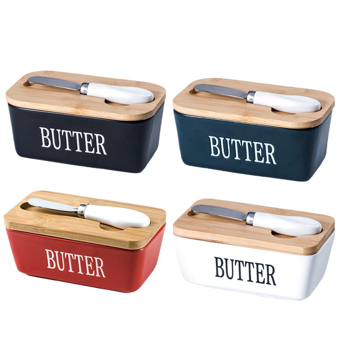 Butter Box with Knife Rectangular Cheese Container with Wooden Lid for Kitchen - Blue