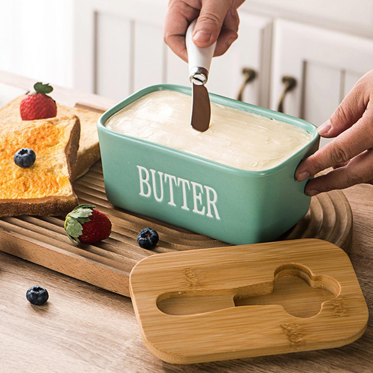 Butter Box with Knife Rectangular Cheese Container with Wooden Lid for Kitchen - Blue