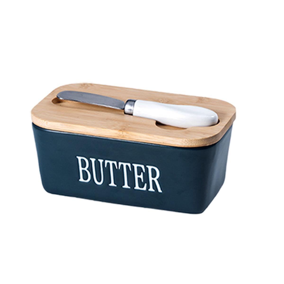 Butter Box with Knife Rectangular Cheese Container with Wooden Lid for Kitchen - Blue