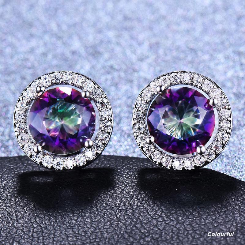 Female Round Zircon Stud Earrings Full Diamond Boucle Big Hollow Cubic Gift - White