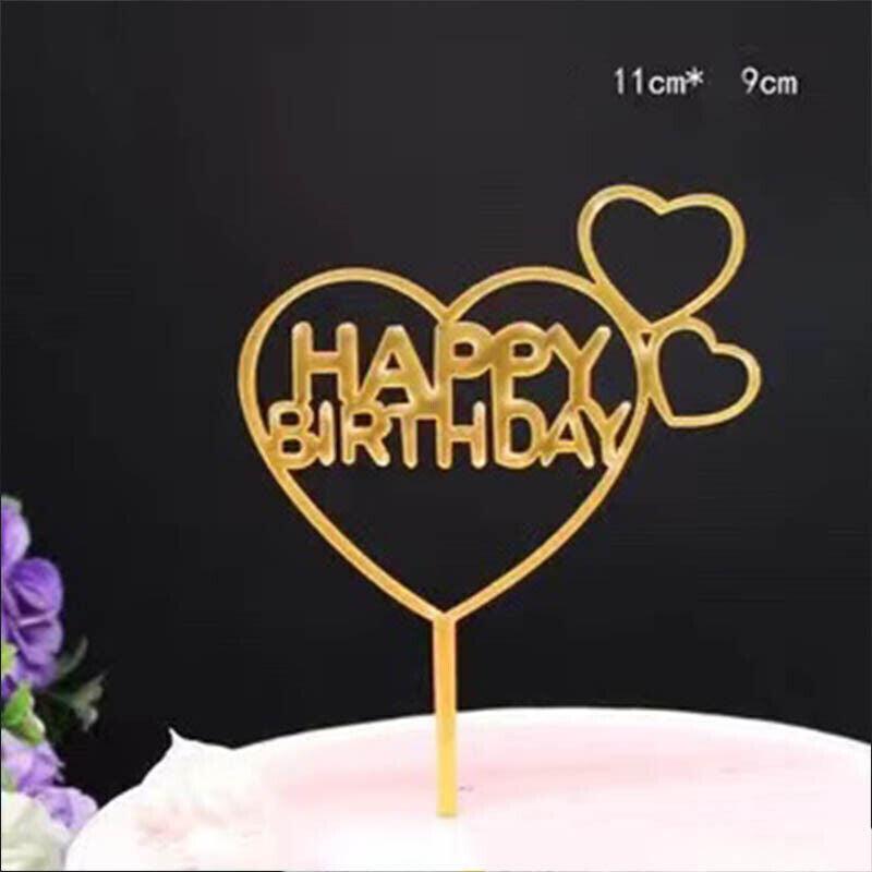 Happy Birthday Acrylic Cake Topper Cake Decoration Golden Silver Party - Blue- Heart