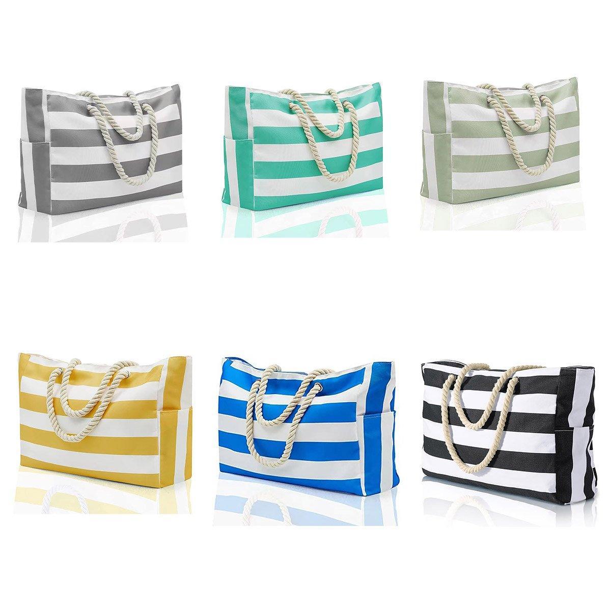 Large Bohemian Striped Canvas Beach Bag Zipper Tote for Travel Outdoor Vacation - Matcha
