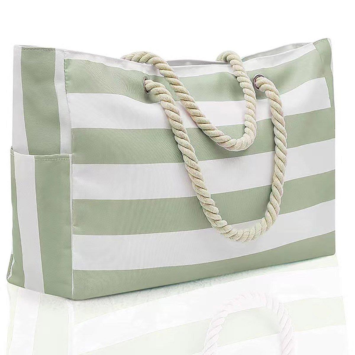 Large Bohemian Striped Canvas Beach Bag Zipper Tote for Travel Outdoor Vacation - Matcha
