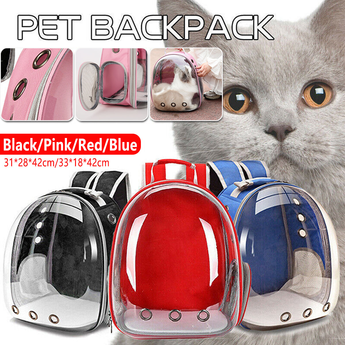 Pet Outdoor Carrier Backpack Cat Dog Puppy Travel Space Capsule Shoulder Bag - Black