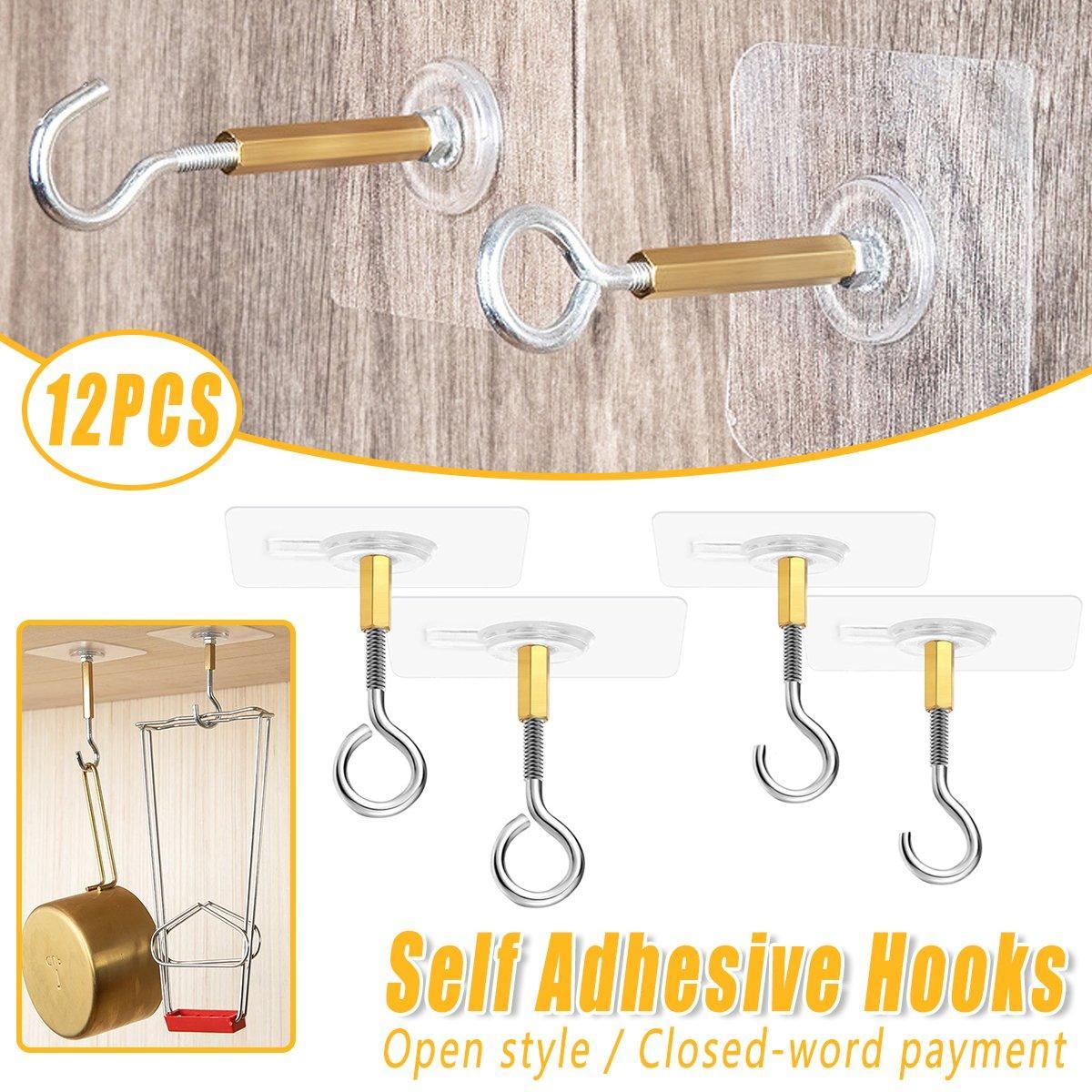 12 PCS Heavy Duty Self Adhesive Hooks Stainless Steel Ceiling Hooks for Home - Open