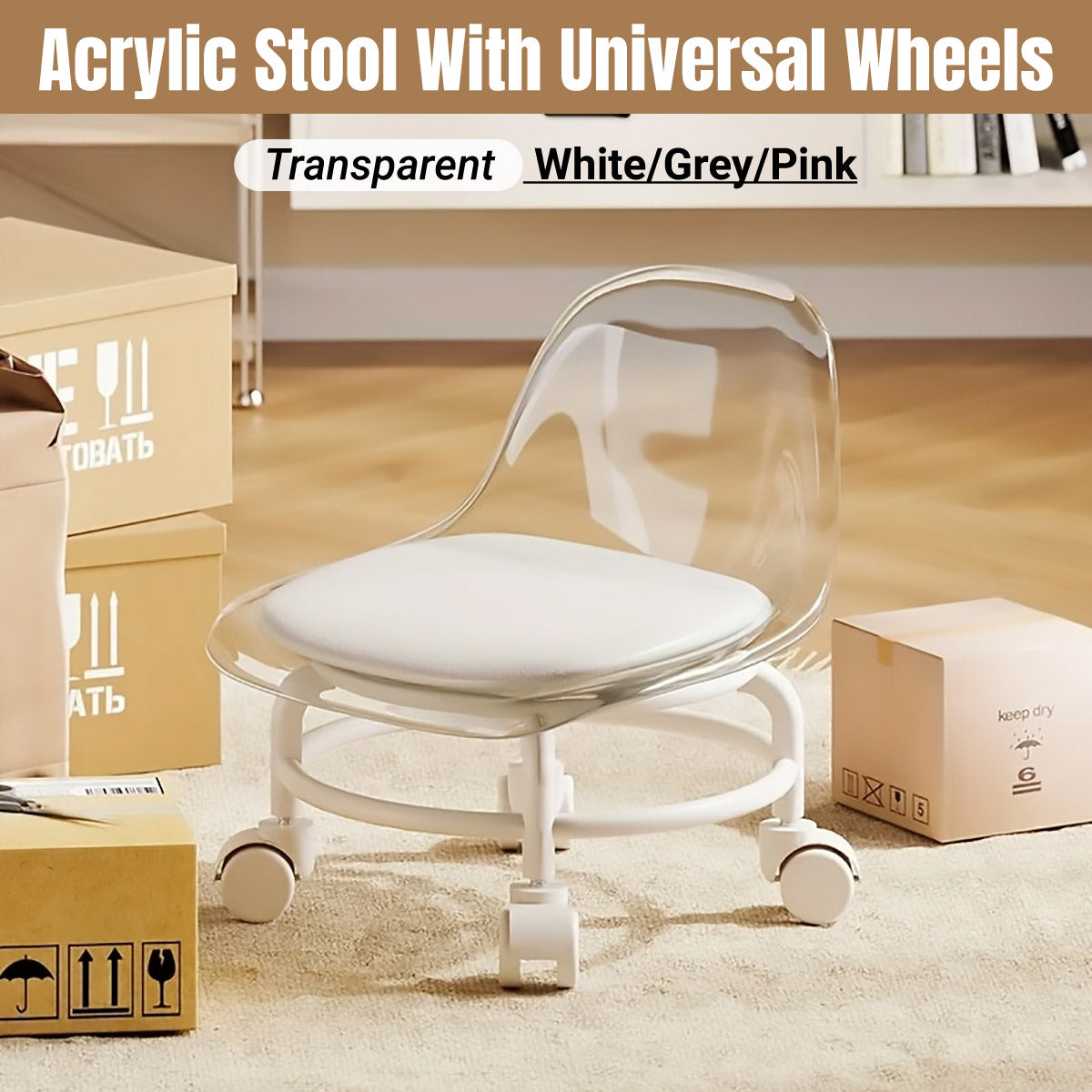 Stool with Universal Wheels Pulley Short Stool with Backrest Comfortable Seat - Pink