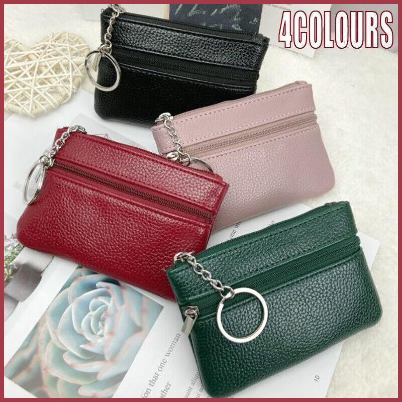 Coin Small Change Bag Card Wallet Pouch Zip Up Women Key Ring Leather Mini Purse - Pink