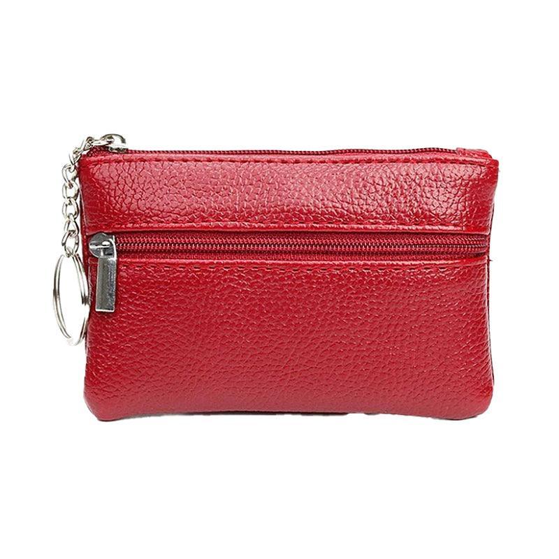 Coin Small Change Bag Card Wallet Pouch Zip Up Women Key Ring Leather Mini Purse - Pink