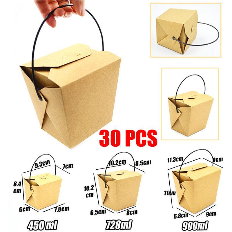 30PCS Kraft Paper Noodle Boxes with Handle Disposable Takeaway Food Containers - 450ml