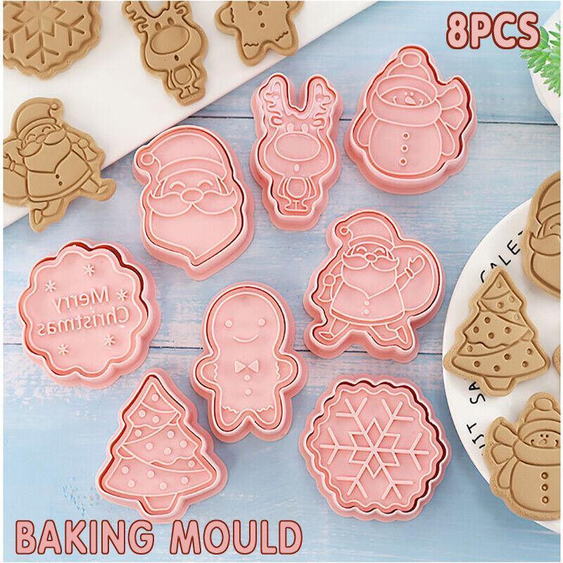 8PCS Christmas Cookie Cutter Set 3D Biscuit Moulds for Baking Fondant Pastry
