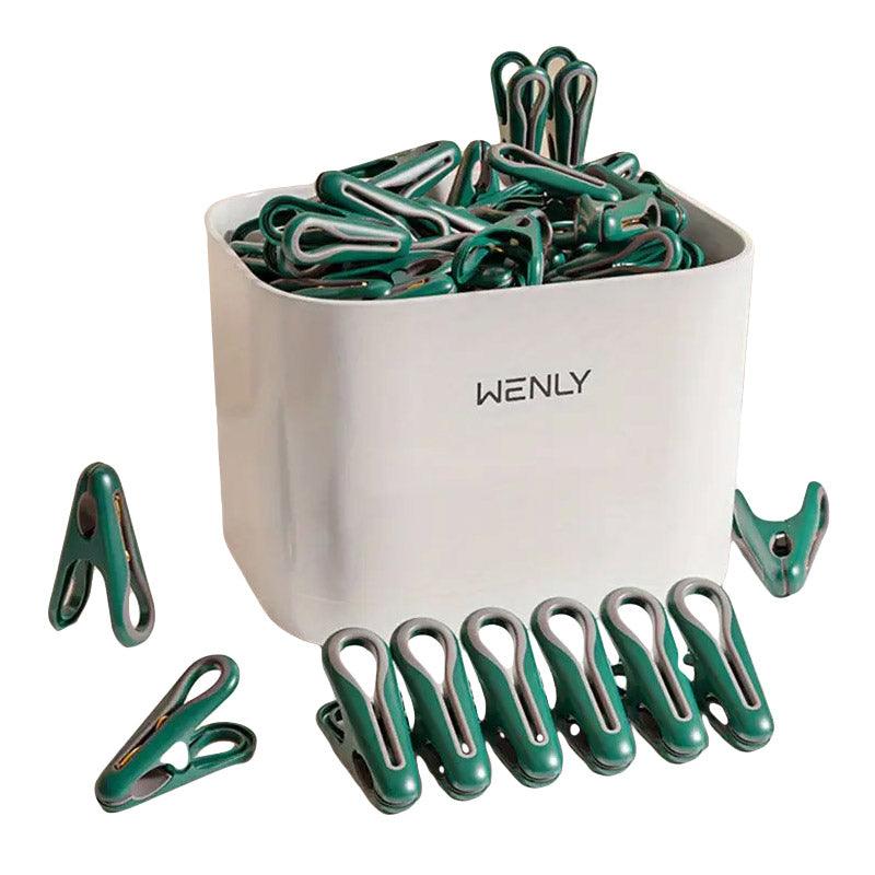 24pcs Clothes Pegs with Storage Basket Laundry Sock Clips Non Slip Drying Hanger - Green