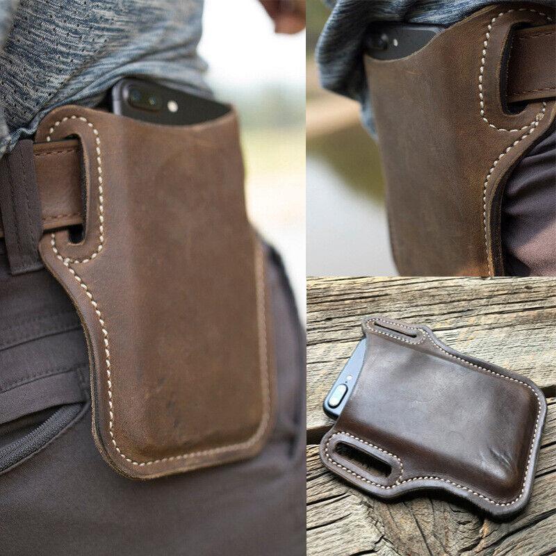 Men's Belt Clip Loop Holster Waist Bag Leather Pouch Cover Case For Phones AU - Dark Brown