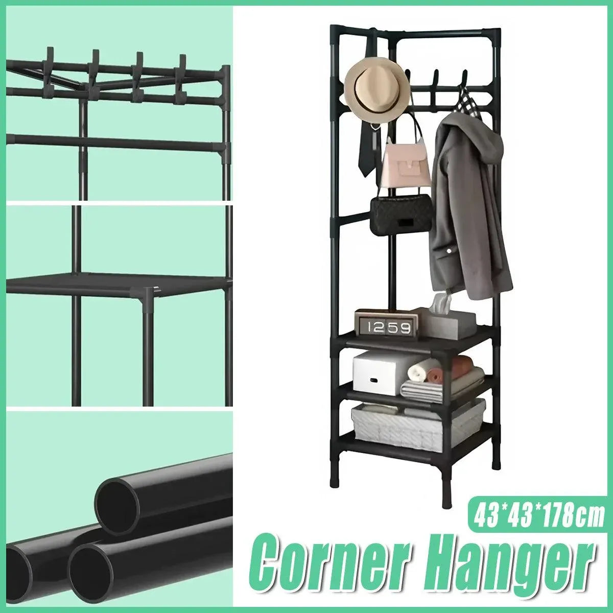 1-Piece Corner Clothes Rack with Shelves and Hooks, Black