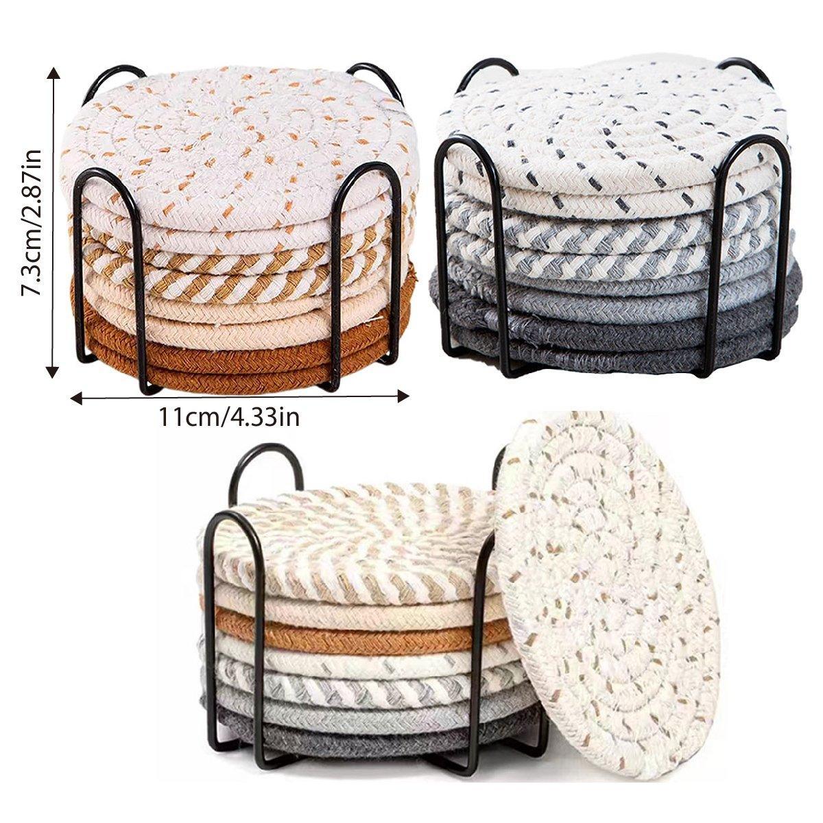 8PCS Round Cotton Woven Coaster Heat Resistant Thick Insulation Dining Table Mat - Grey