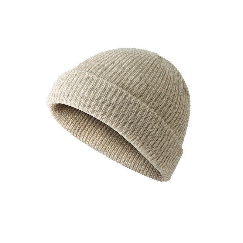 Men Women Mini Fisherman Beanie Winter Spring Hat Soft Knitted Docker Skull Cap - White