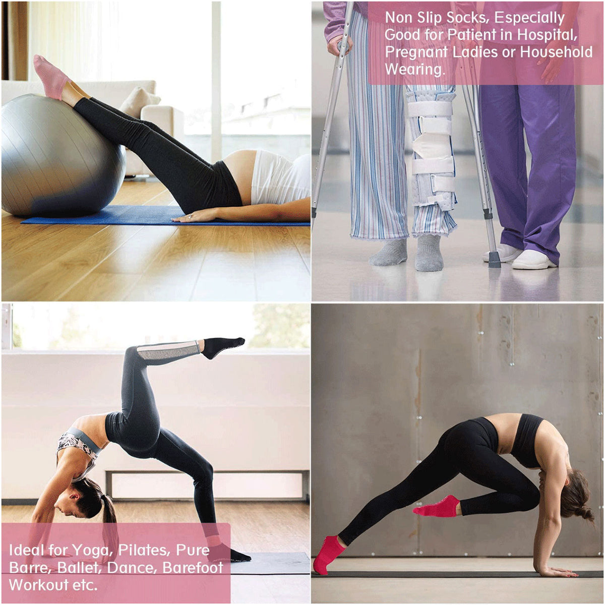 3 Pairs Ladies Women Sports Cotton Rich Pilates Yoga Non-Slip Grip Socks - Yellow