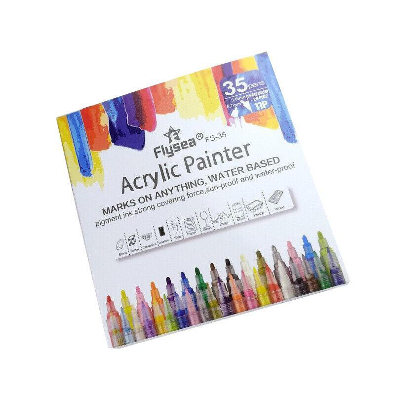 Flysea 12-80 Colours Acrylic Paint Pens Painting Stone Ceramic Glass Markers 0.7 - 35-Colour Set (15 Medium+ 20 Fine Tip)