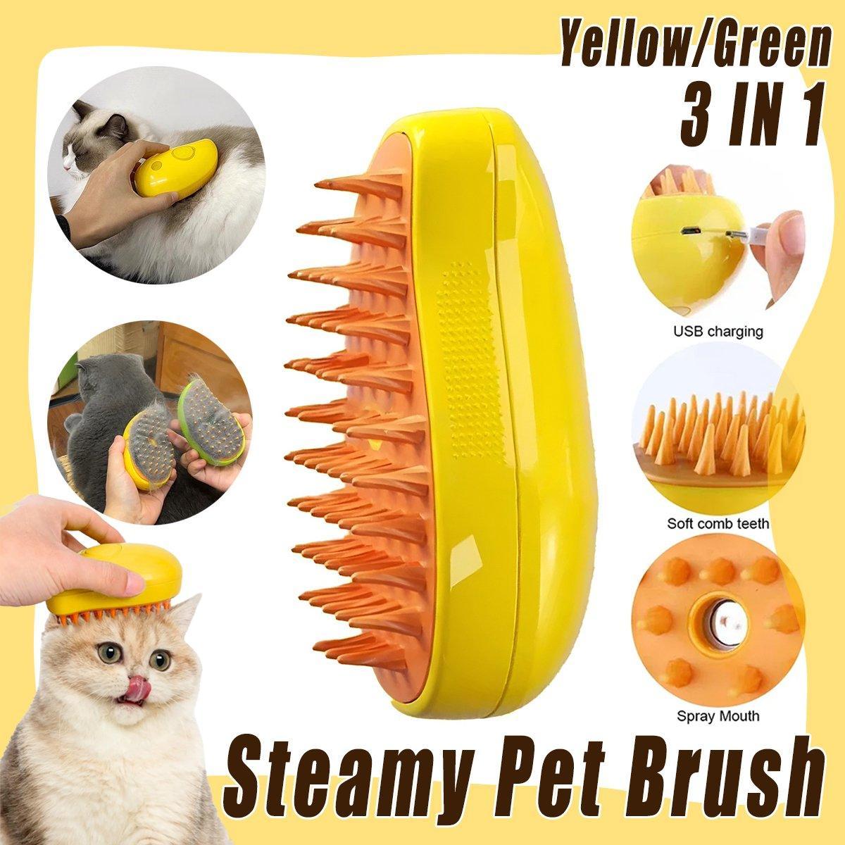 Electric Pet Hair Brush 3 in 1 Steamy Dog Cat Hair Grooming Bath Spray Tool - Yellow