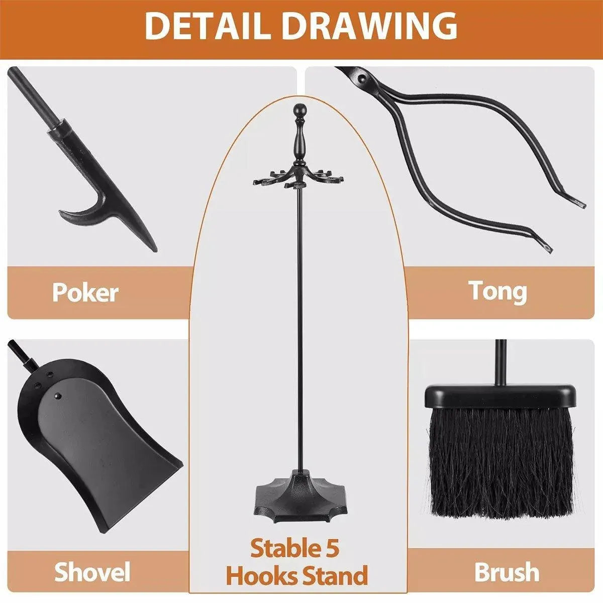 5-Piece Fireplace Tool Set with Stand