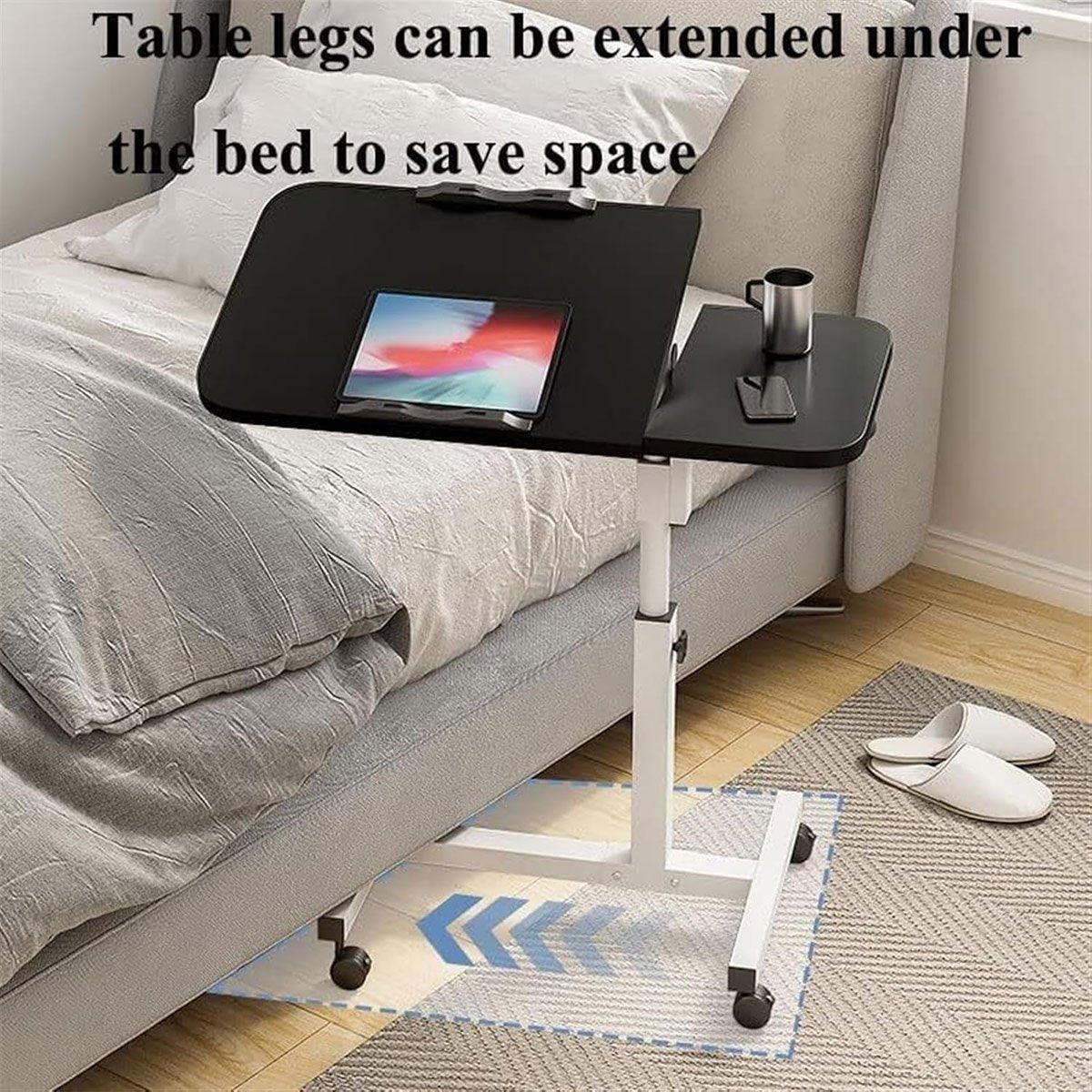 Adjustable Folding Computer Desk Stand Floor-Standing Movable Bedside Table - White