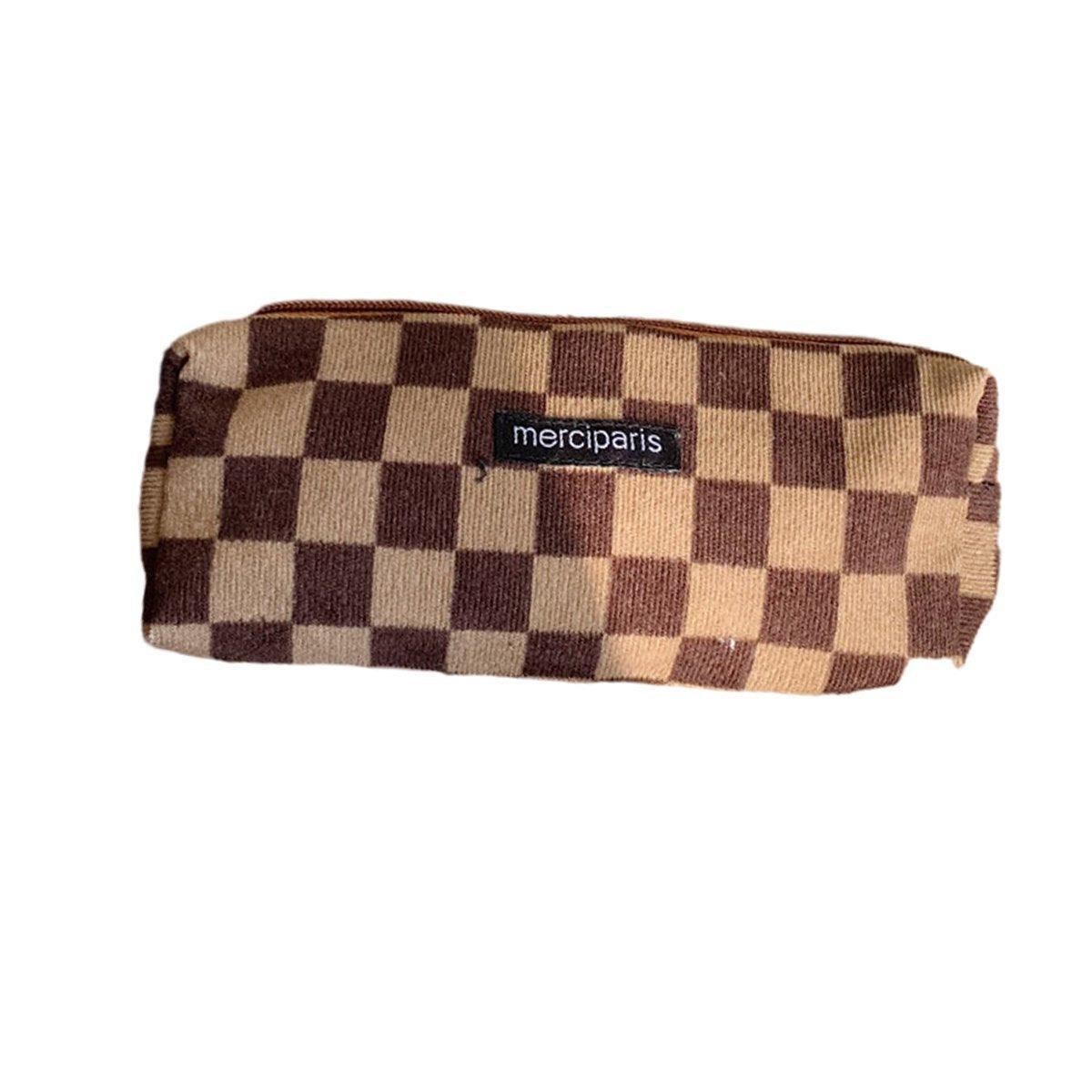 Large Capacity Pencil Case Organiser Bag Stationery Holder School Travel Pouch - Green Beige Plaid