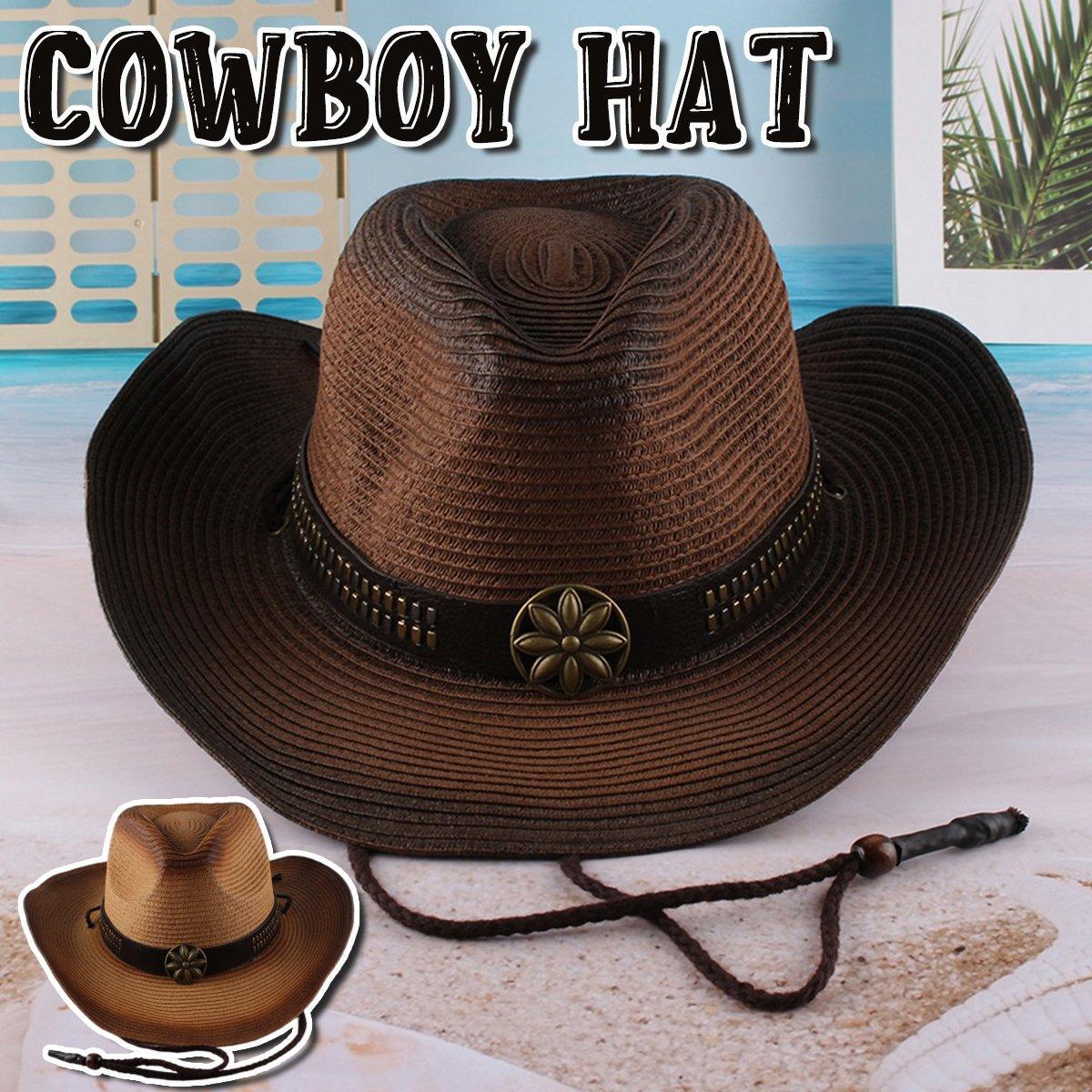 Outdoor Western Cowboy Hat Unisex Straw Hat Visor Hats Big Wide Brim Hat Summer - Coffee
