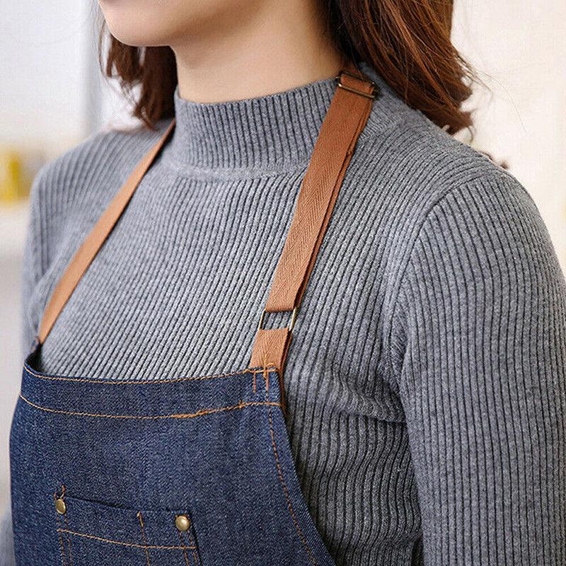 Adjustable Denim Apron Pocket Hanging Neck Cooking Kitchen Baking Bar Cafe Chefs