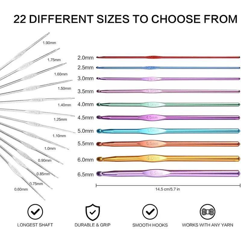 22PCS Crochet Hook Set Aluminium Knitting Needles with Case for DIY Yarn Craft