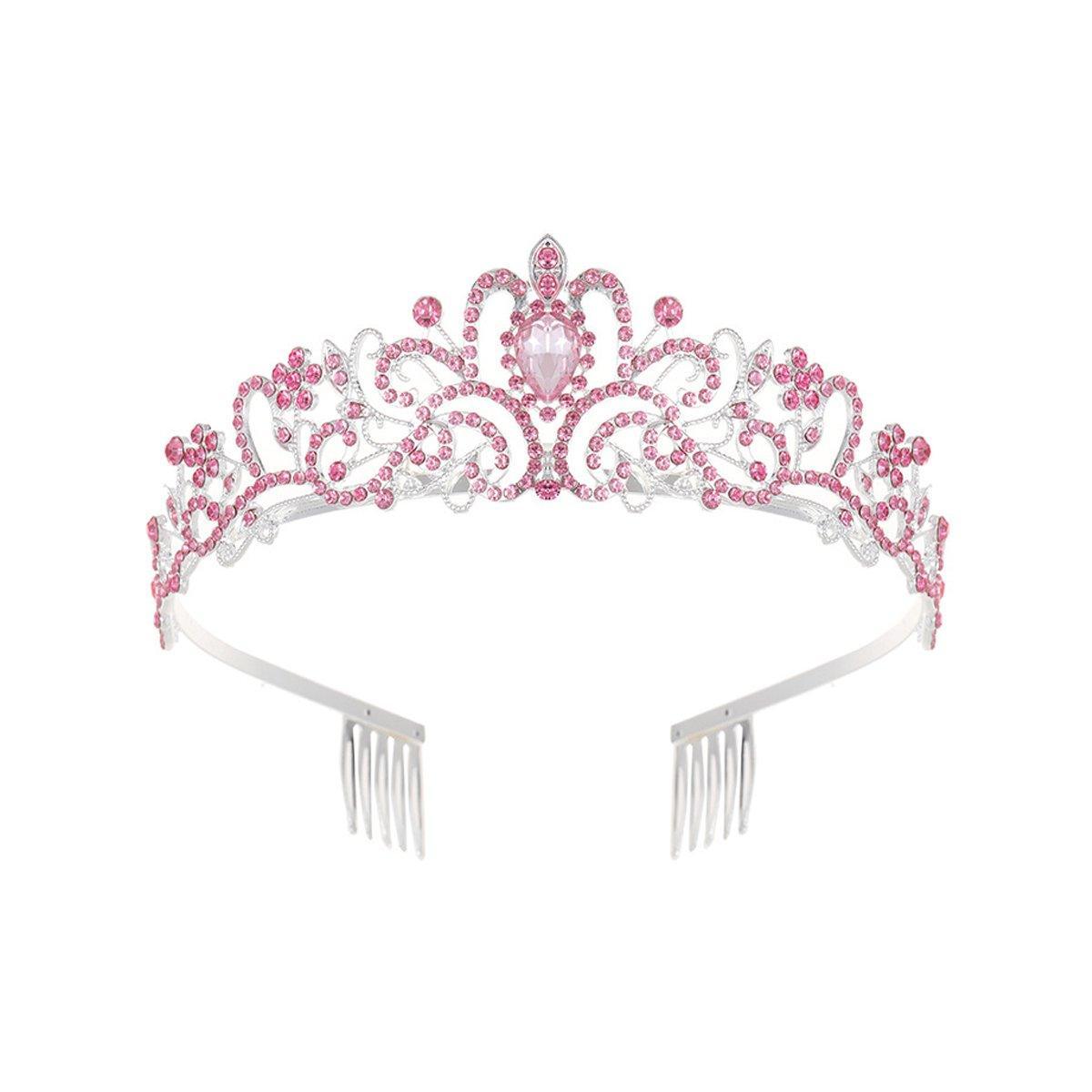 Princess Rhinestone Queen Hair Tiara Headband Hair Accessories Crystal Crown - Silver-Pink