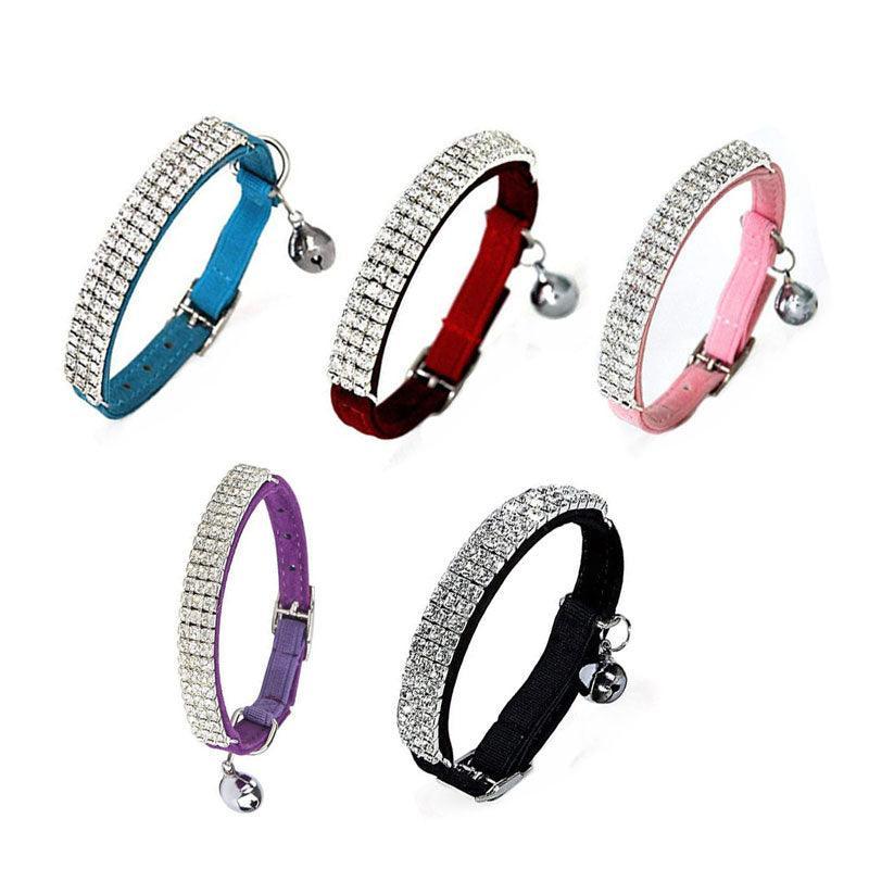 Suede Adjustable Pet Collar with Rhinestone for Cat Puppy 5 Colours Quick Release - Blue