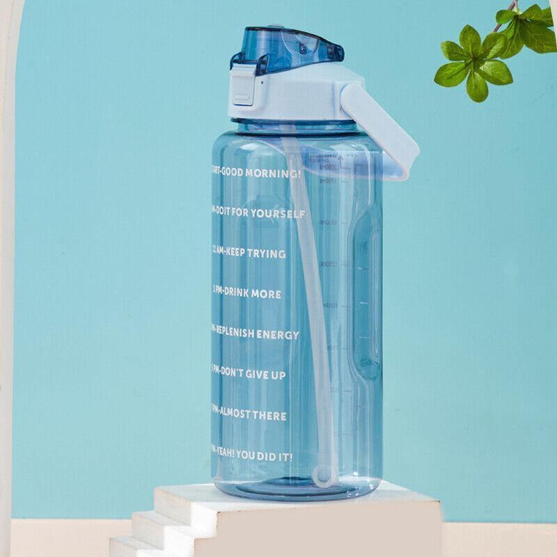 2L Water Bottle Straw Cup Motivational Drink Flask With Time Markings Sports Gym - Black