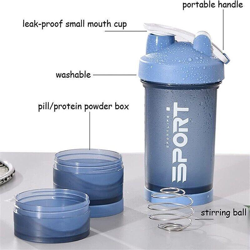 Powder Milkshake Drink Cup Sport Water Bottle 500Ml 3 Tier Protein Shaker Pill - Blue