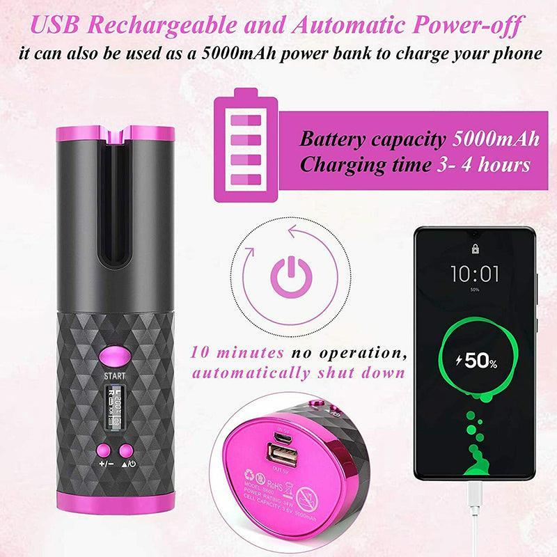 Lcd Cordless Auto Rotating Hair Curler Hair Waver Curling Iron Wireless Ceramic - Pink