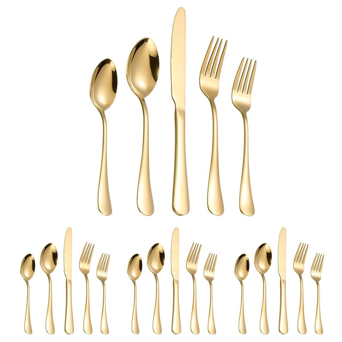 20/40pcs Stainless Steel Cutlery Set Knife Fork Spoon Western Hotel Tableware - Golden-20pcs