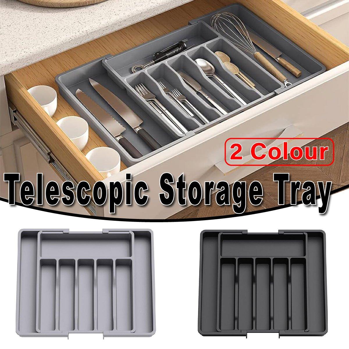 Extendable Cutlery Storage Box Household Portable Retractable Tray Organizer - Black