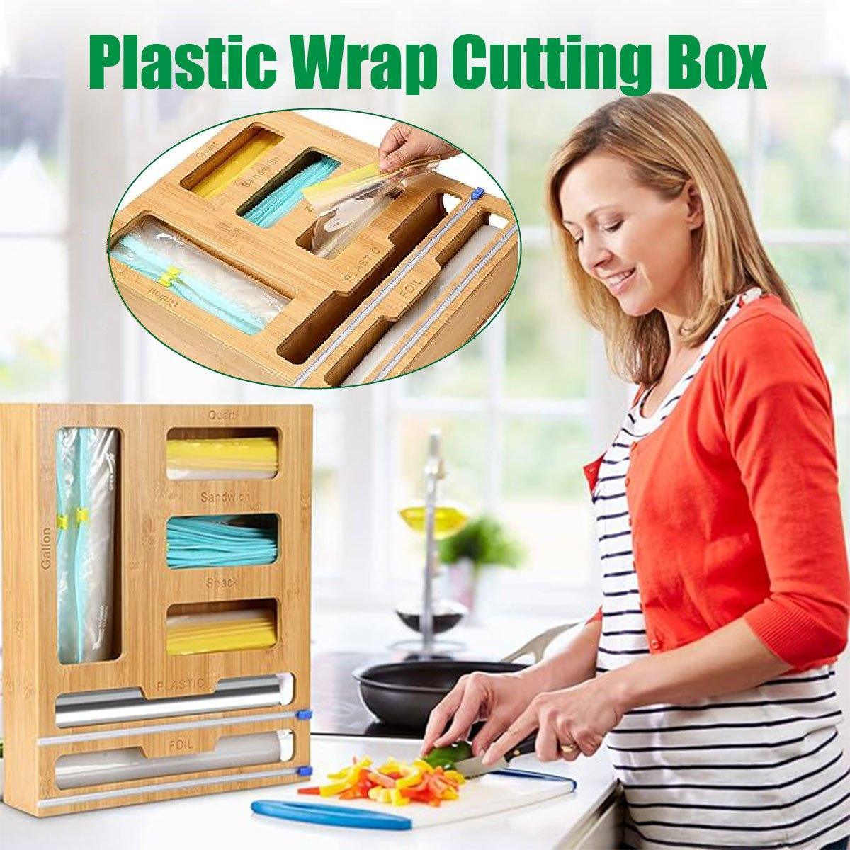 Bamboo Kitchen Storage Box for Plastic Wrap Tin Foil Paper Cutter with Lid