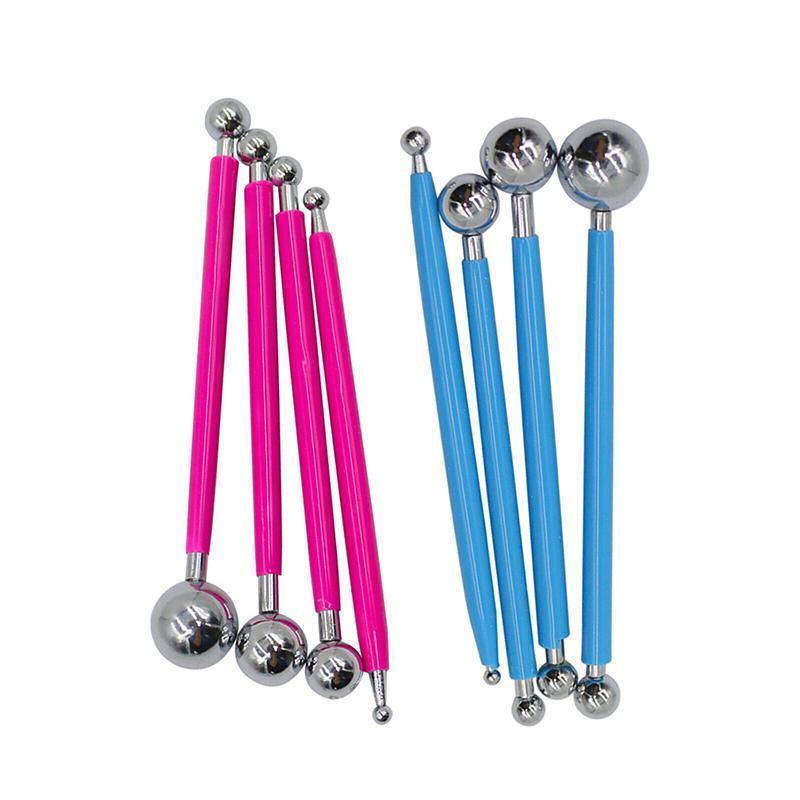 4X Fondant Cake Flower Decorating Clay Sugarcraft Ball Engraved Embossing Stick - Hot pink