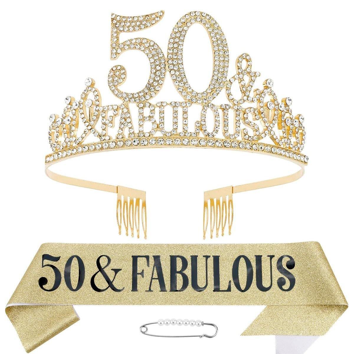 50th Birthday Gold Party Set Hairband Crown Sash Belt Ceremonial Accessory Kit