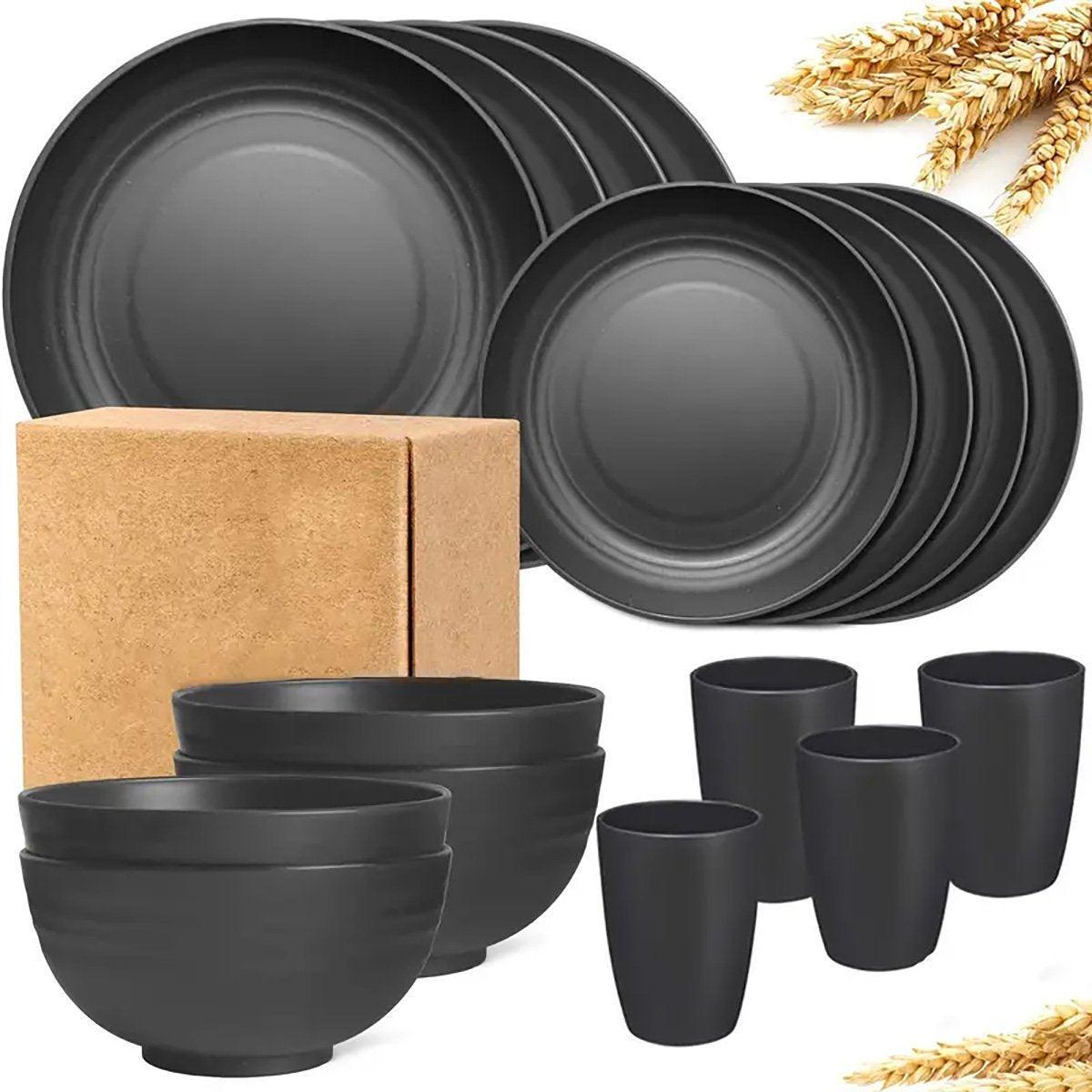 16PCS Eco-Friendly Wheat Straw Portable Tableware Set with Plate Bowl Cup