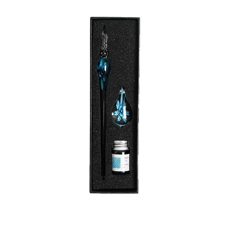 Crystal Flower Glass Dipping Dip Pen Writing Set Gift Pack Fountain Calligraphy - Blue