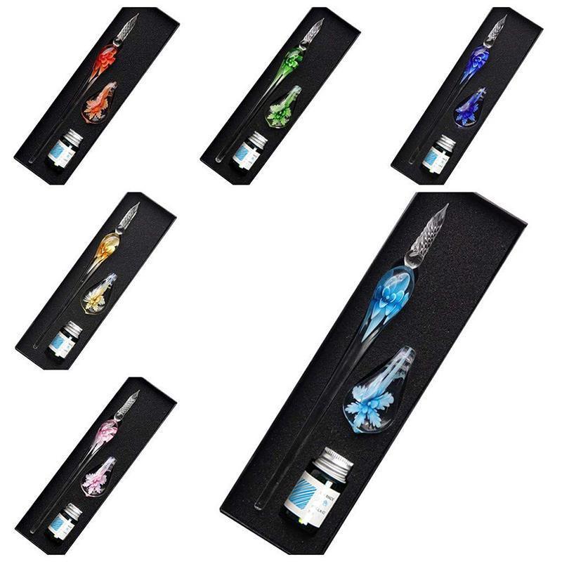 Crystal Flower Glass Dipping Dip Pen Writing Set Gift Pack Fountain Calligraphy - Yellow