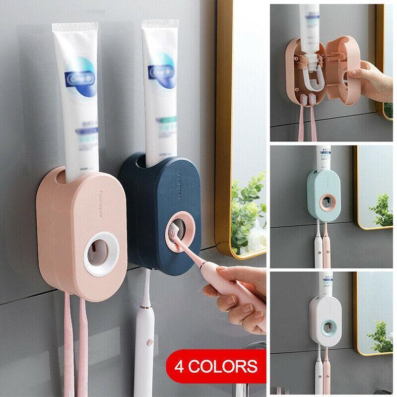 Automatic Toothpaste Dispenser Bathroom Wall-Mounted Rack Toothbrush Holder - Pink
