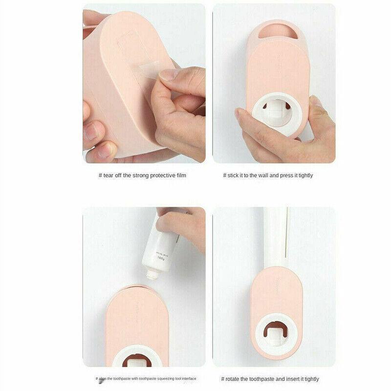 Automatic Toothpaste Dispenser Bathroom Wall-Mounted Rack Toothbrush Holder - Pink