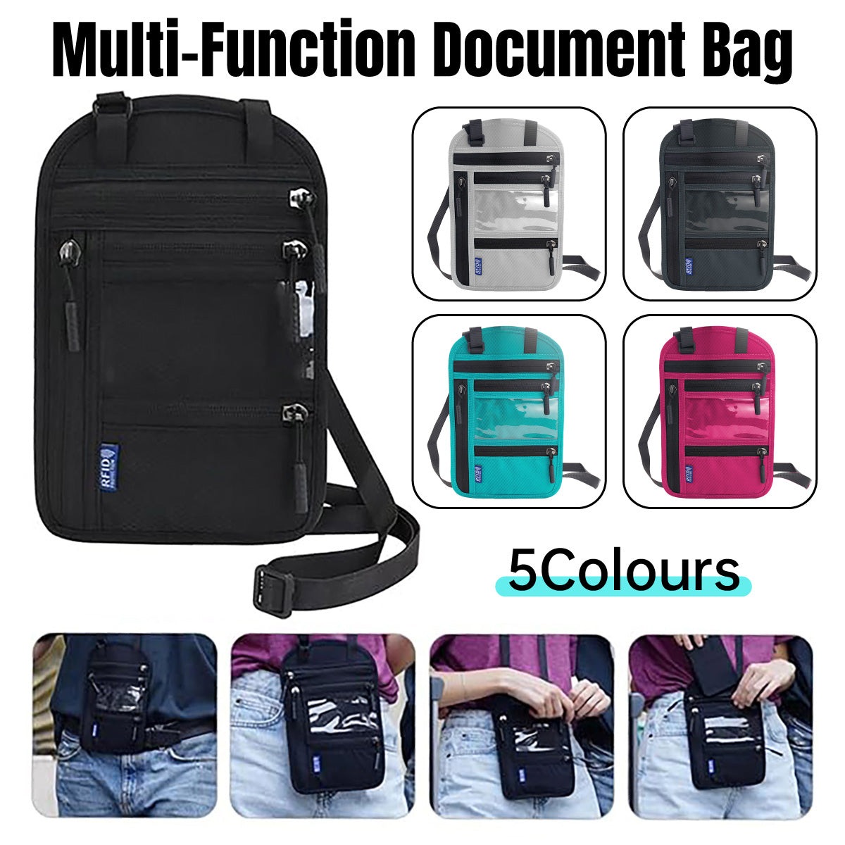 Multi-Functional Travel Passport Document Bag Protective Case Cover Holder - Grey