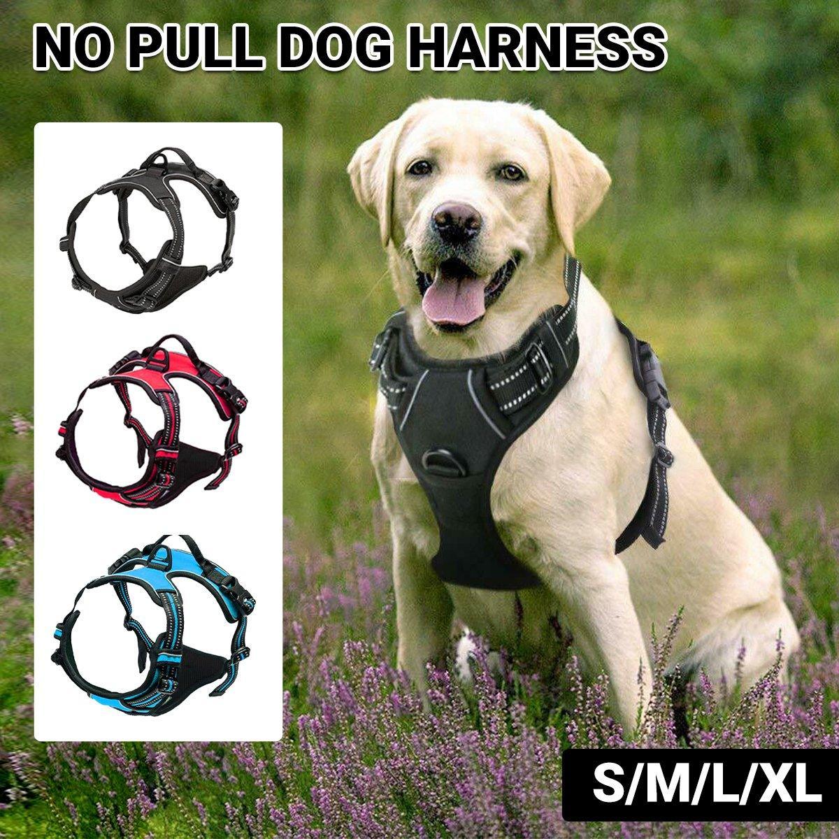 Adjustable No-Pull Dog Harness Vest S-XL Reflective Pet Training Outdoor Handle - Black-M