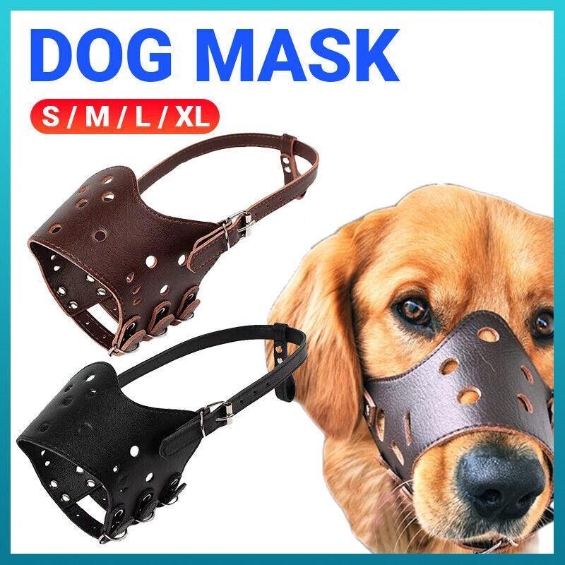 Adjustable Leather Pet Dog Mask Mouth Muzzle Anti Barking Bite Stop Chewing Brown - L