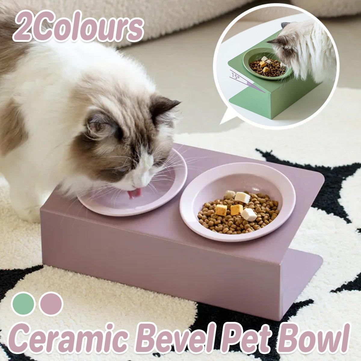 Ceramic Slanted Double Pet Bowl Cat Dog Food Water Bowl Non-Slip Feeding Dish - Green