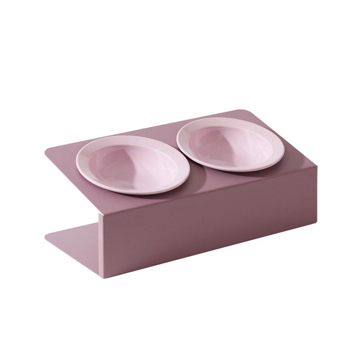 Ceramic Slanted Double Pet Bowl Cat Dog Food Water Bowl Non-Slip Feeding Dish - Purple