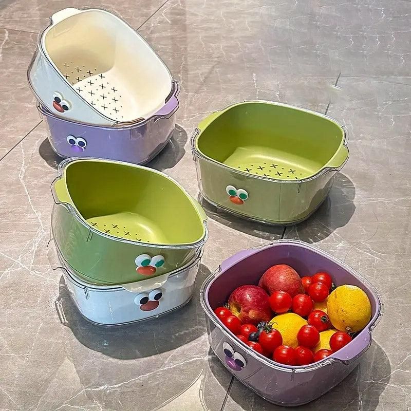 2 in 1 Cute Double Draining Fruit Basket Dishwashing Colander for Household - White