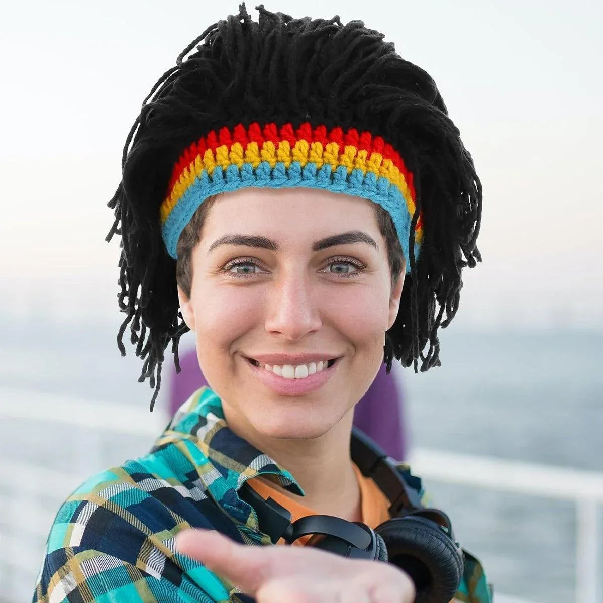1-Piece Black Knitted Novelty Wig Hat